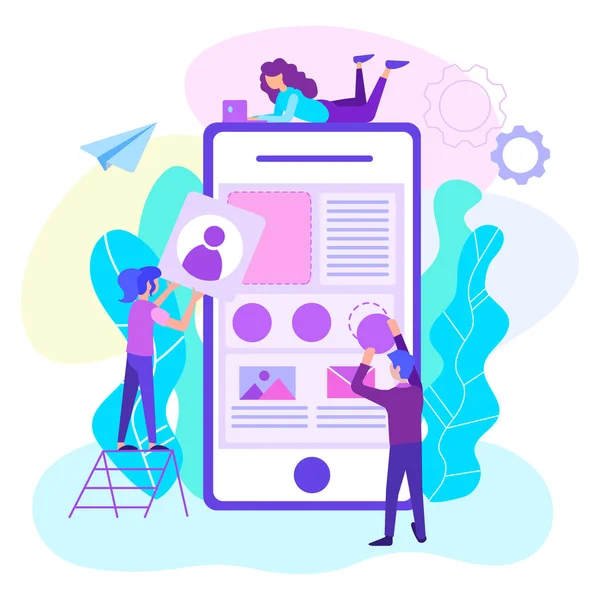 Web tasarımcıları bir mobil uygulama oluşturmaya çalışıyoruz. Web mobil uygulama geliştirme kavramı. Vectpr resmi web tasarım, blogging, sosyal medya için.