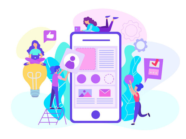 Web development online app, internet sites. Web designers, analysts and programmers are working on the creation of mobile applications and online stores. Vector illustration for web design, blogging, social media, banners.