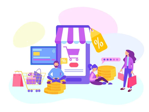 İndirimli sipariş ürünleri online online mağaza, ödeme kartı, işlem, satış gençler. Vektör çizim için web tasarım, blogging, sosyal medya.