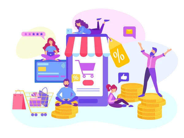 İndirimli sipariş ürünleri online online mağaza, ödeme kartı, satış mesaj ile gençler. Vektör çizim için web tasarım, blogging, sosyal medya.