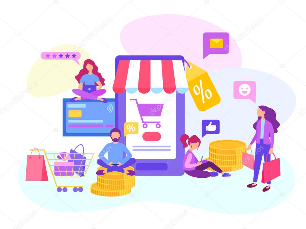 Shopping online in the internet store, Credit Card Payment, Sale. Young people order discounted products online, transaction. Vector illustration for web design, blogging, social media.