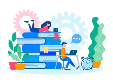 Gençler eğitim, sınavlar için hazırlamak, kitap ve Internet bilgi almak. Çevrimiçi eğitim, eğitim, bilgisayar eğitim kursları ve seminerler kavramı. Vektör çizim.
