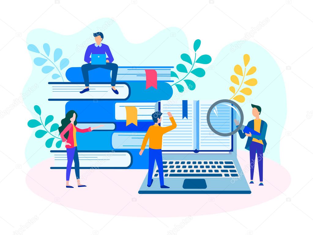 Team learning, trainings and seminars, exam preparation, online courses, professional development and retraining of specialists. Vector illustration.