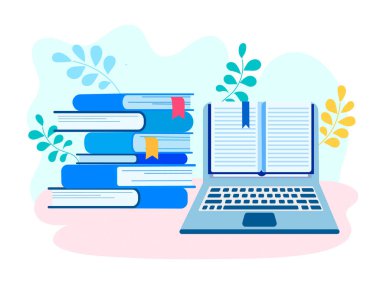 Çevrimiçi eğitim, online kütüphane, internet uygulamaları kitaplar için. Web tasarım, posterler, afişler, sosyal medya için vektör çizim