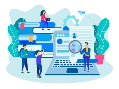 İnsanlar bir iş başvuru formu, online özgeçmiş doldurma, online test, vize ve online kavramı vergi iade dolum çevrimiçi bir formu doldurun. Vektör çizim.