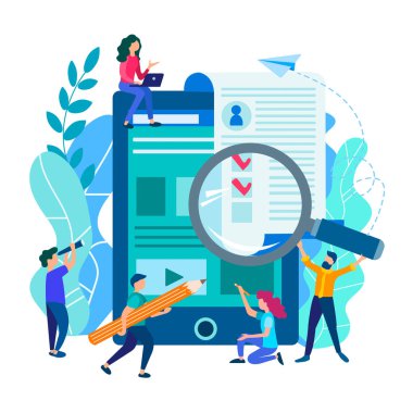 İnsanlar online başvuru formunu, bir iş başvuru formu, online özgeçmiş dolum, online test, vize ve online kavramı vergi iade doldurma doldurmak. Vektör çizim.