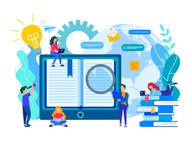 Online eğitim, e-Kütüphane, iletişim ve modern medya teknolojileri, herhangi bir yerden bilgi edinme kavramı yardımı ile öğrencilerin çalışma dünya. Vektör çizim afiş, sosyal medya, sunumlar ve posterler için.