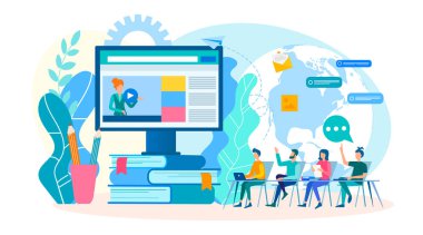 Bir grup genç insan vardır eğitimli online, kurslar, eğitim, koçluk, dünyanın her yerinden Internet ağ, öğrenme ve iletişim kavramı modern web teknolojileri seminerleri.