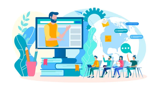 Koçluk online eğitimler, Grup dersleri, web seminerleri, çevrimiçi seminerler. Internet üzerinde bir öğretmenle eğitim kursları. Vektör çizim.