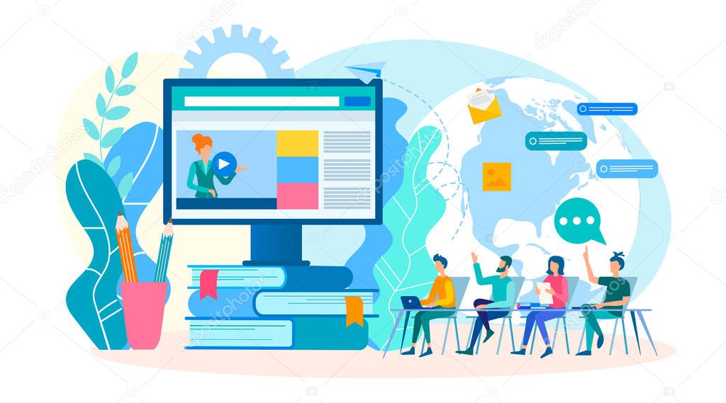 A group of young people are trained online, courses, trainings, coaching, seminars on the Internet network around the world, modern web technologies in learning and communication concept.