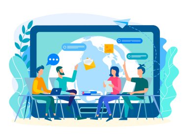 Ofis çalışanları tarafından geçerli görevleri tartışılması Gadgets, sosyal medya, Internet modern teknolojilerin yardımıyla. Bütün dünya kavramı temas. Vektör çizim.