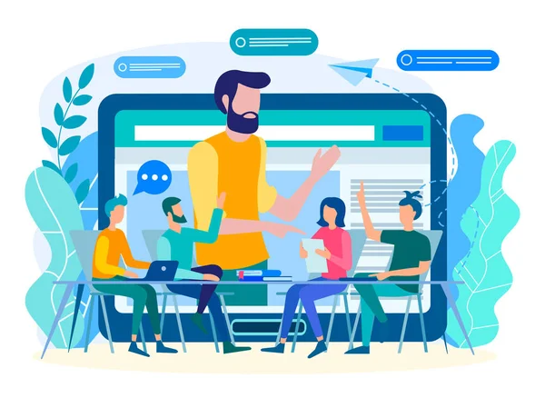 Online Koçluk, online eğitim, web iletişim kavramı. Eğitim, webinar, işçilerin bir grup öğrenci, office online eğitimi Öğretmen yürütmektedir.