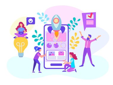 Bir mobil uygulaması, mobil online proje oluşturulması başlamak yukarıya, web tasarımcıları, programcılar ve analistler bir ekip içinde çalışma. Vektör çizim sosyal medya, reklam afişleri, bloglama için.