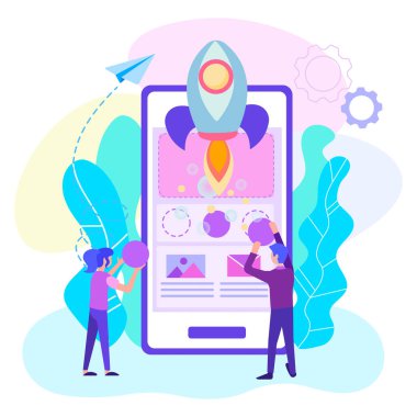 Mobil online proje, web tasarımcıları, ekip çalışması oluşturulmasını başlamak yukarıya bir mobil uygulama, programcılar ve analistler. Vektör çizim sosyal medya, reklam afişleri, bloglama için.