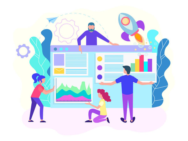 Интернет-стартап, веб-поддержка бизнес-стартапов, программисты и аналитики разрабатывают программное обеспечение для бизнес-проектов. Векторная иллюстрация для веб-дизайна, социальных медиа, рекламного плаката
.