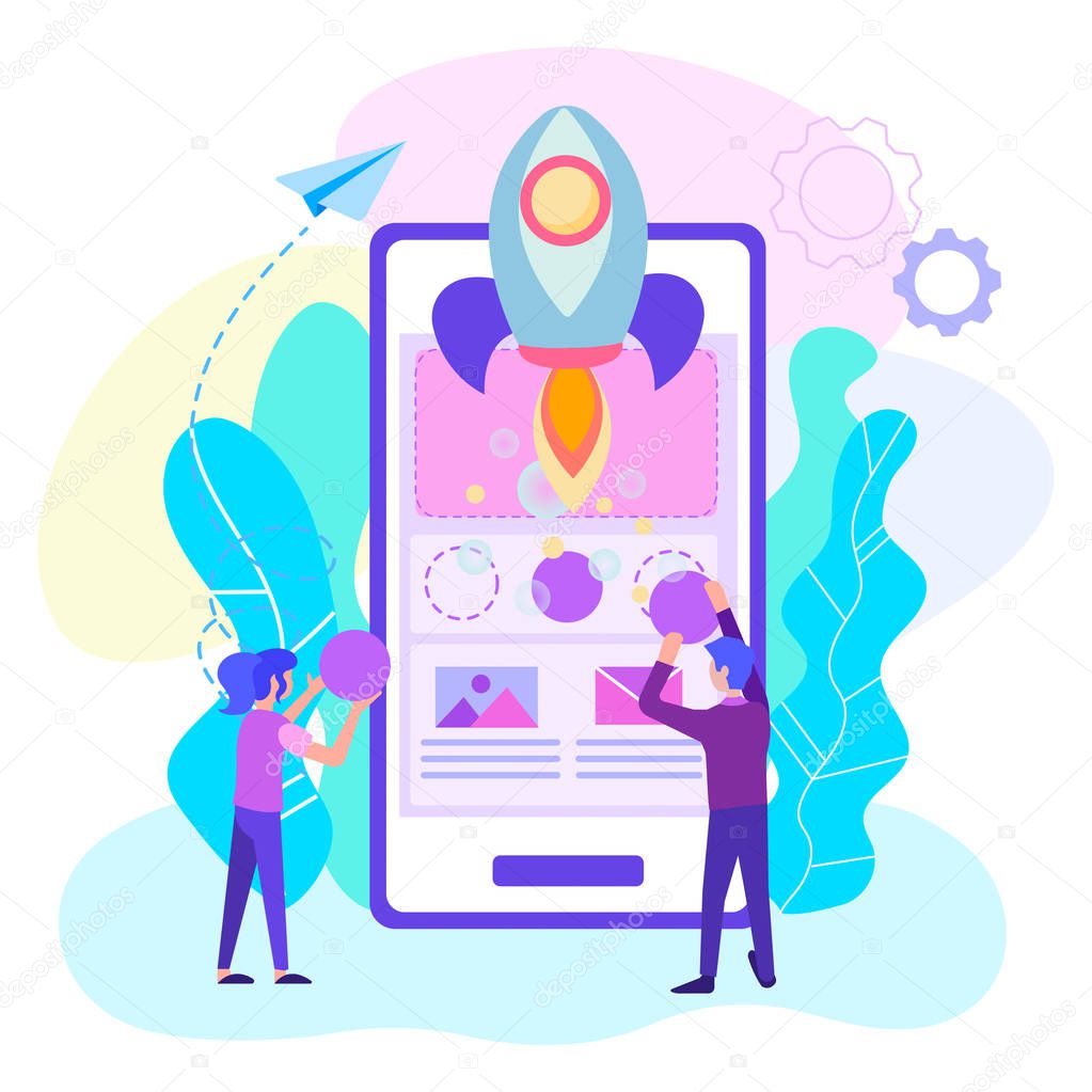 Creation of a mobile online project, teamwork of web designers, start up of a mobile application, programmers and analysts. Vector illustration for social media, advertising posters, blogging.