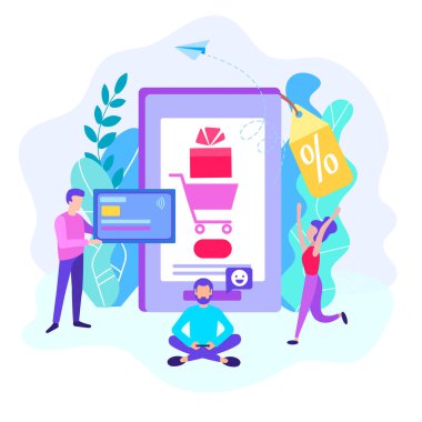 indirim ve mobil uygulama online mağaza sunuyoruz. Pazarlamacılar karlı alışveriş sunuyoruz. Vektör çizim sosyal medya, bloglama, afiş için. 