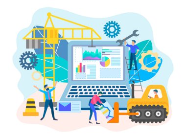 Web sitesi geliştirme kavramı, İnşaat Vinç ve Gears'ı sembolize iş akışı, sitenin içeriği ve yapısı oluşturulması. Vektör çizim afişler, bloglama, sosyal medya, posterler için.