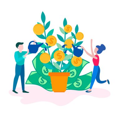 Sikke para ağacı, gelir büyüme kavramı vuruyor. Genç İşadamları kar hakkında umurumda değil, işletmenin başarılı geliştirme bitki paraları ile sembolize. Web tasarım ve sosyal medya için vektör çizim.