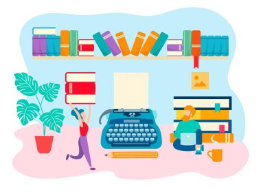 Kitap dünya kavramı, yazar, edebiyat çalışma alanı çalışma. Vektör çizim için web tasarım, blogging, sosyal medya.