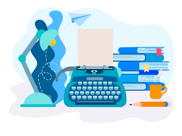 Yazarın masaüstü vektör Illustration. Daktilo, Resepsiyon lambası, kitap ve çalışma yüzeyi kalem. Sosyal ağlar, web tasarım, bloglama, posterler için görüntü.