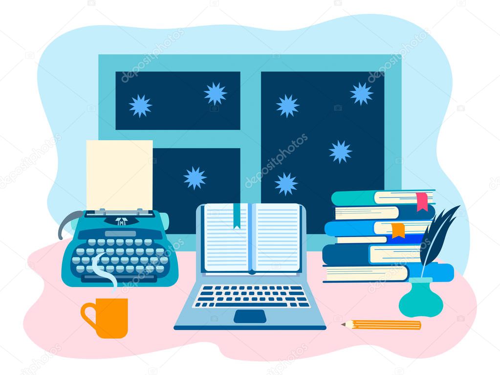 Literary workshop, the working space of the writer, literary work. Vector illustration for web design, blogging, social networks