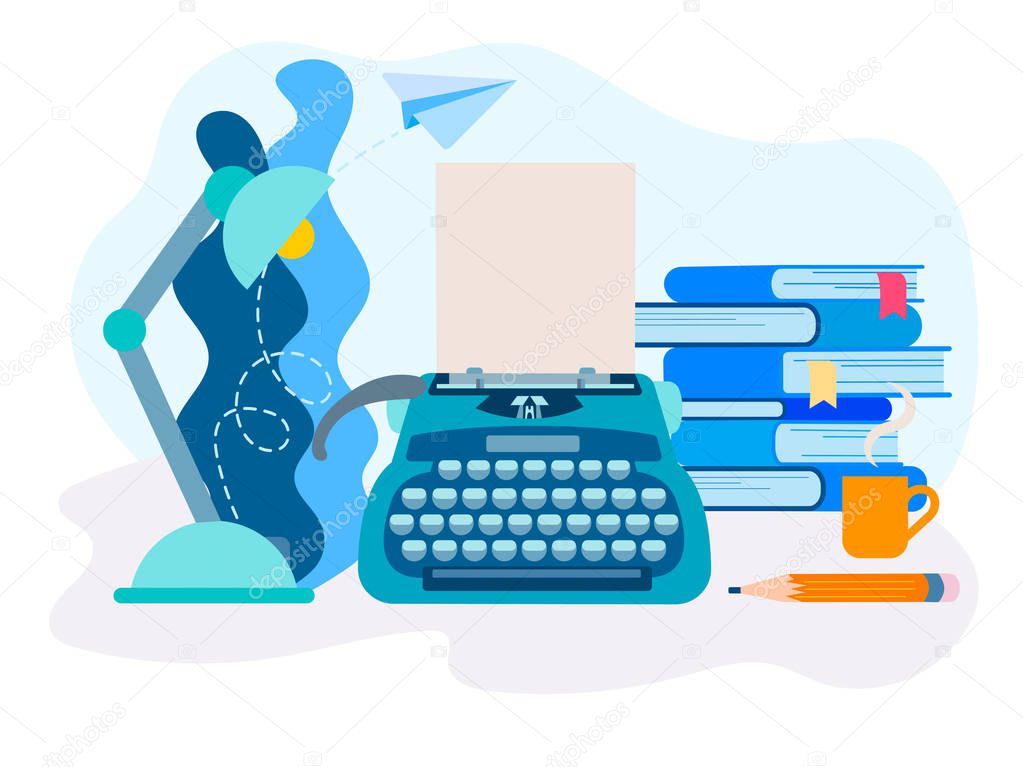 Vector illustration of the writer's desktop. Typewriter, Desk lamp, books and pencil on the work surface. Image for social networks, web design, blogging, posters.