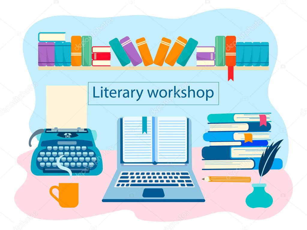 Literary workshop, the book world, the working space of the writer, literary work. Vector illustration for web design, blogging, social networks
