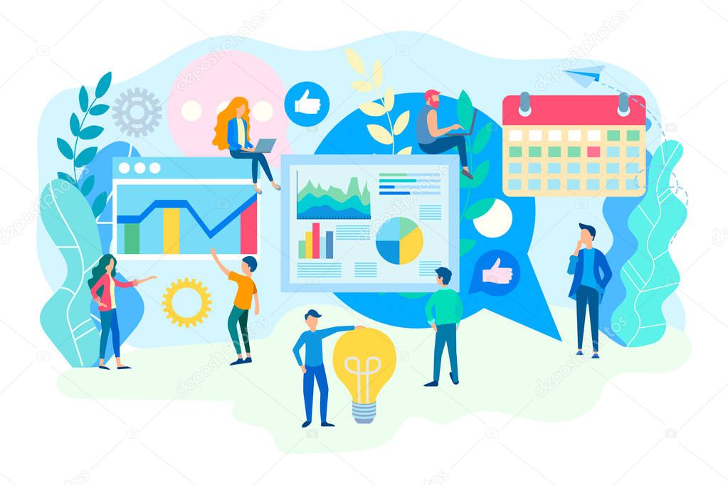 The work of web designers and marketers in the office, SEO site optimization, content development, analysis and business planning. Vector illustration for presentations, web design, social media