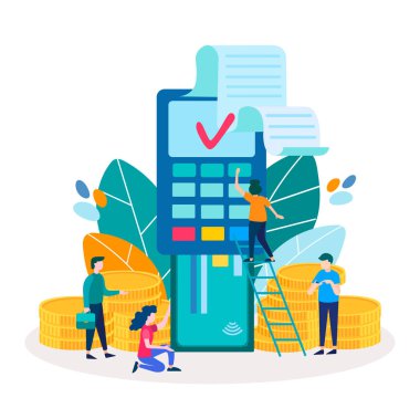 Banka kredi kartı Pos noktasında satış terminal. Satınalmalar, ödemeler, online transferler Internet. Vektör çizim için sosyal medya, web tasarım.