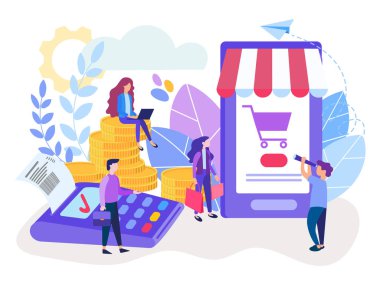 NFC teknolojisi, mobil uygulaması, online alışveriş ve ödeme terminal poz ontactless ödeme. Vektör çizim için sosyal medya, afişler, posterler