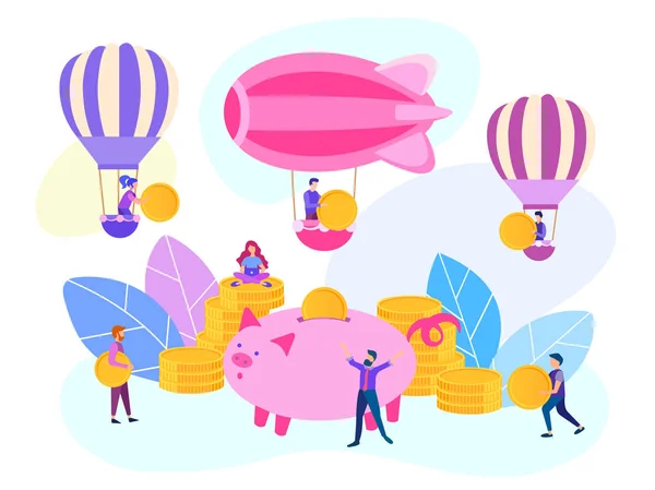 Concept Économie Argent Piggy Bank Les Personnages Peuvent Gagner Argent — Image vectorielle