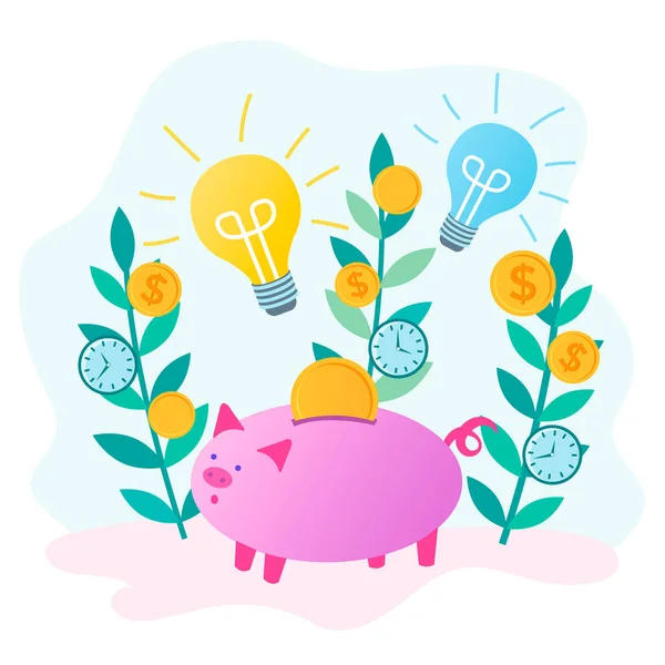 Piggy Bank takarít meg pénzt és a Kiégő izzók új ötlet jelképe — Stock Vector