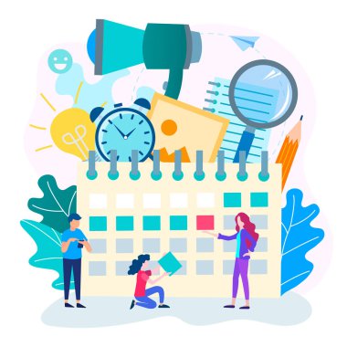 Takvim ve sembolleri ofis ve arka plan olarak çalışır. Zaman yönetimi kavramı, takım çalışması, office son tarih. Vektör çizim afiş, web siteleri ve sosyal medya için.