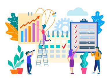 Ofis personeli, ekip çalışması, iş akışı planlama ve organizasyon, iş ortaklıkları ve iş hedefleri tartışılması. Vektör çizim için sosyal medya ve web tasarım.