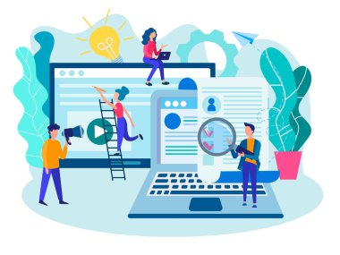 İşe, işe alım, işe alım office ekibi, profilleri, insan kaynakları kavramı tarama. Web tasarım, sosyal medya ve sunum için vektör çizim.