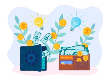 Büyüme gelir, güvenli ve madeni paralar ile çanta sürgün sikke ile sembolize, banknot ve kredi kartları tasarruf sembolize. Mali ve gelir Eskiyen ürününüzün fikir kavramı. Vektör çizim.