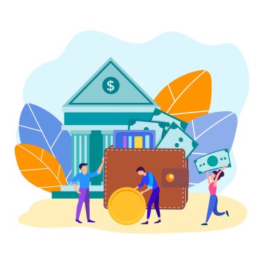Banka çalışanları çalışanlarının karakter taşımak ve banka binası arka plan üzerinde bir çanta banknot ve kredi kartları ile para koymak. Güvenilir tasarruf ve gelir büyüme kavramı. Vektör çizim.