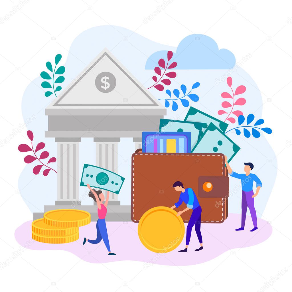 The characters of employees of Bank employees carry and put money in a purse with banknotes and credit cards on the background of the Bank building. The concept of replenishment and preservation of funds. Vector illustration.