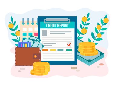 Kredi raporu kavramı. M-cüzdan para, kredi kartları, kredi raporu formu ve takvim ile. Web tasarım, sosyal medya ve posterler için vektör çizim.