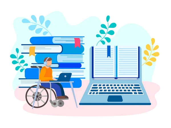 Education and job online for physical handicapped artificial disability person concept. Vector illustration.