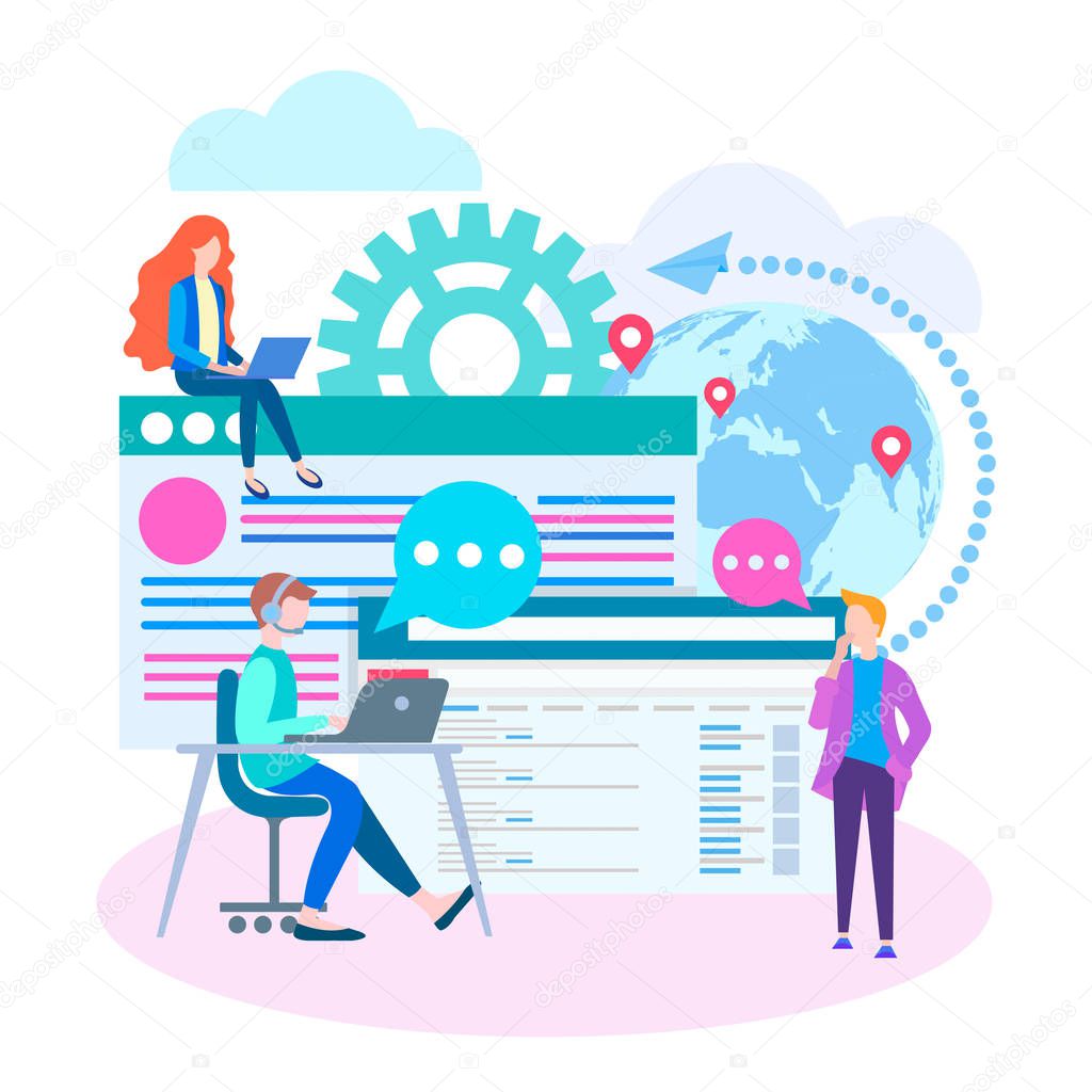 The concept of SEO optimization, team work online. Managers, marketers and programmers ensure successful work on the Internet.