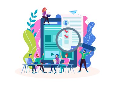 İstihdam, sorgulama, röportaj, online formu doldurma, istihdam. Vektör çizim için sosyal medya, afişler, posterler