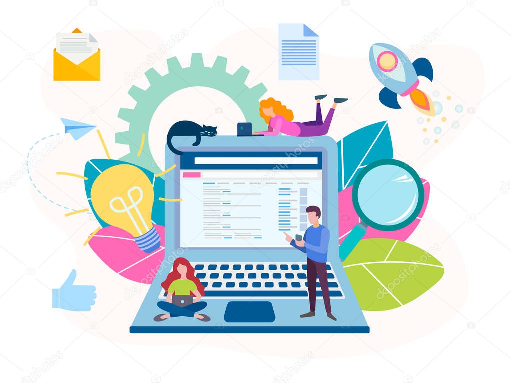 The concept of working online in a team with the help of modern technologies, generating ideas. Vector illustration for social media marketing, banners, posters.