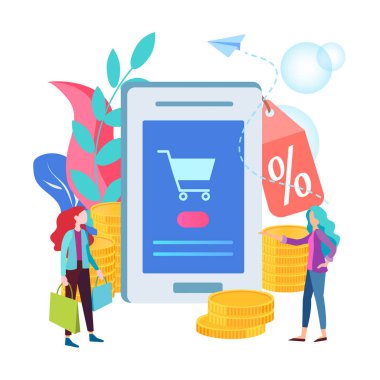 İndirimler online mağaza konsepti, mobil uygulama online mağaza ürünler indirimler sunuyor, alıcılar satış bildirime yanıt vermek.