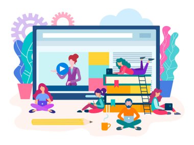 Webinar, online ders, bir grup öğrencinin sınav yardımı ile online seminer ve eğitimler için hazırlanıyor. Vektör çizim için sosyal medya pazarlama.