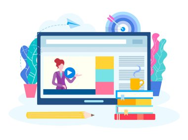 Online ders, webinar, seminer, ders internette. Genç bir öğretmen online ders yürütmektedir. Vektör çizim için sosyal medya pazarlama.