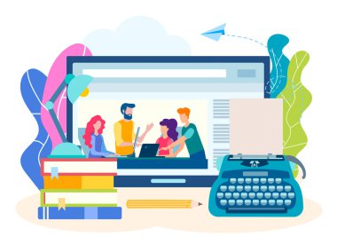 Kurslar online, yaratıcı edebi webinar yazma kavramı. Vektör çizim için sosyal medya pazarlama.