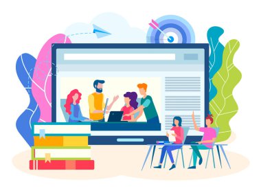 Online webinar, kolokyum, takım iş kavramı. Çevrimiçi eğitim, Grup dersleri, seminerler, atölye çalışmaları. Vektör çizim için sosyal medya pazarlama.