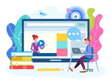 Online ders, webinar, seminer, ders internette. Genç bir adam online bir öğretmen ile nişanlı. Vektör çizim için sosyal medya pazarlama.